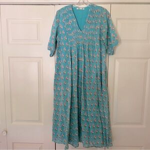 Dolma Floral Aqua Cotton Midi V neck Dress EUC